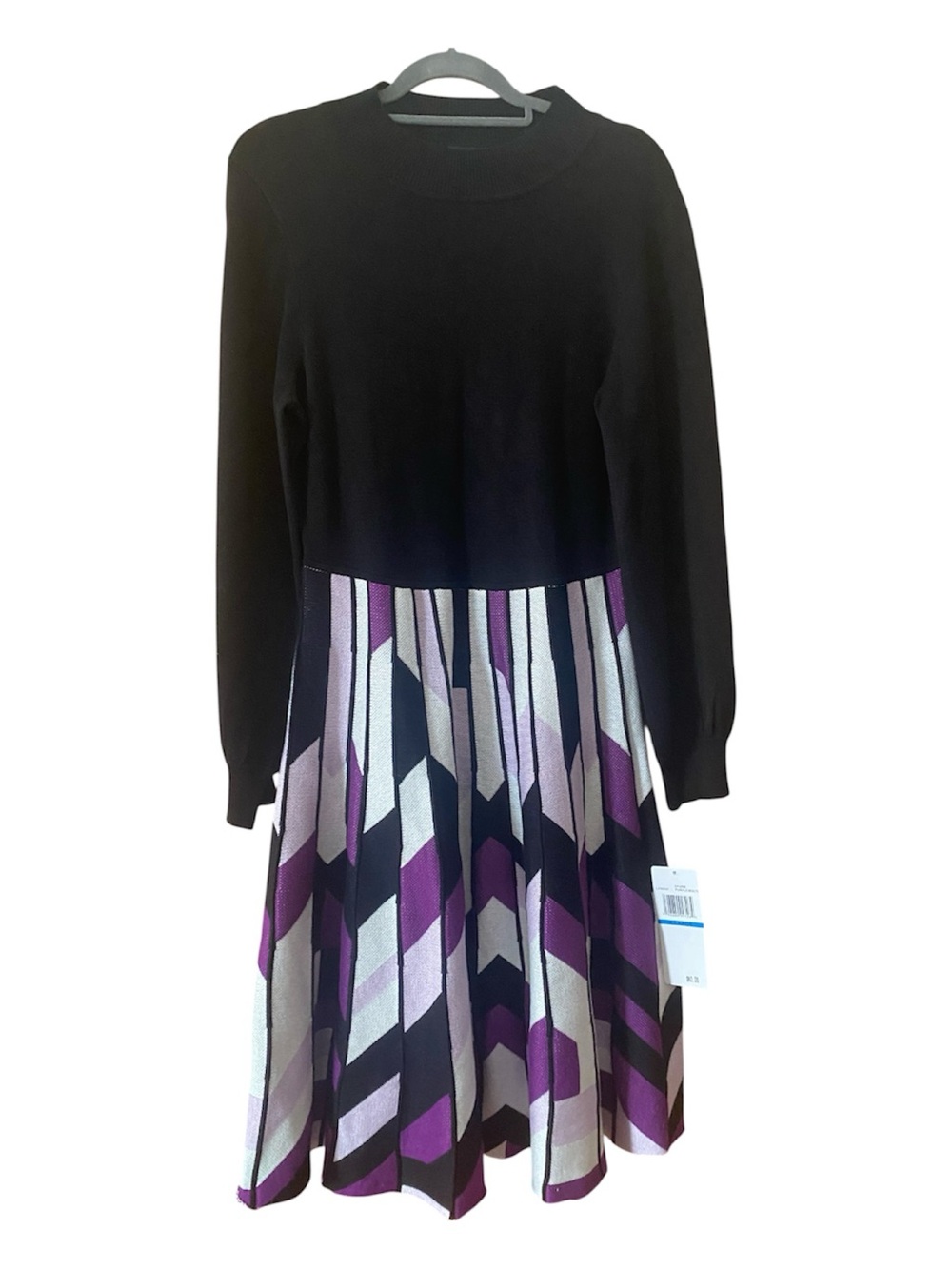 Nina Leonard NWT XL Black Purple Geometric Fit Flare Sweater Midi Dress